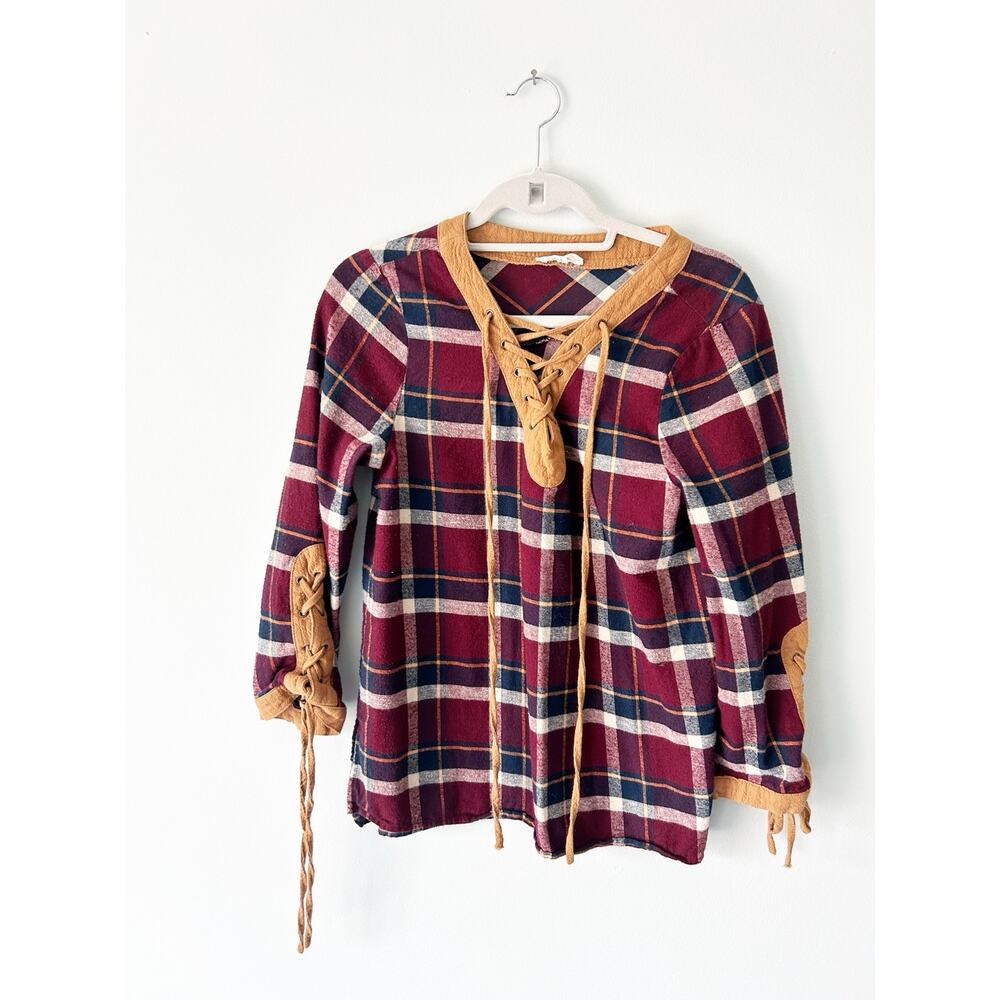 Entro Red Plaid Brown Lace Up Sleeves Top Large